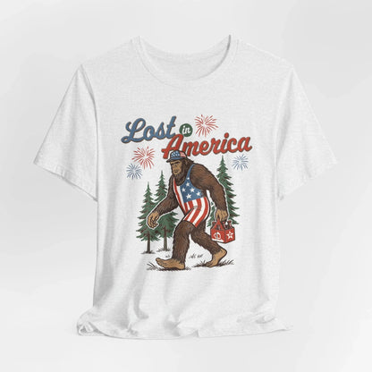 Lost in America Bigfoot Tee, Casual Summer Shirt, Outdoor Adventure Tee, Fun Gift for Nature Lovers, Festival Outfit, Patriotic Apparel - SKULLFURY MERCH