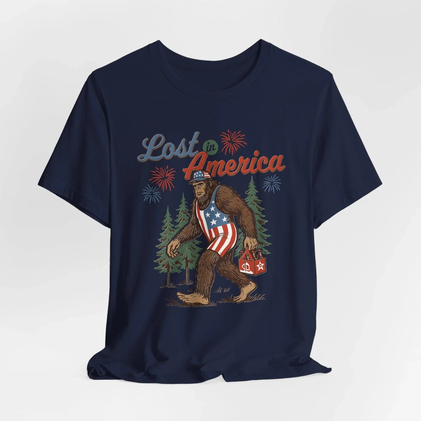Lost in America Bigfoot Tee, Casual Summer Shirt, Outdoor Adventure Tee, Fun Gift for Nature Lovers, Festival Outfit, Patriotic Apparel - SKULLFURY MERCH