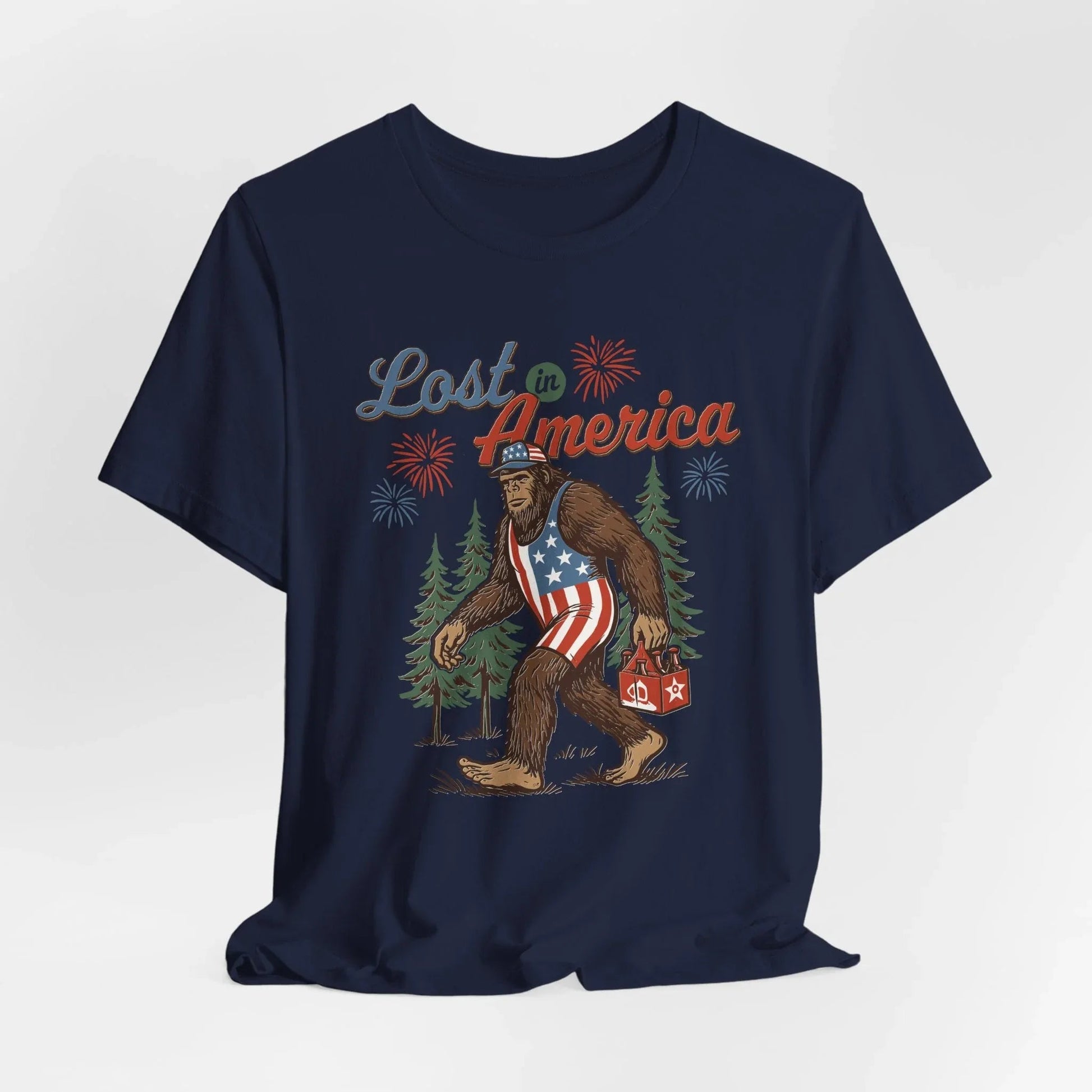 Lost in America Bigfoot Tee, Casual Summer Shirt, Outdoor Adventure Tee, Fun Gift for Nature Lovers, Festival Outfit, Patriotic Apparel - SKULLFURY MERCH