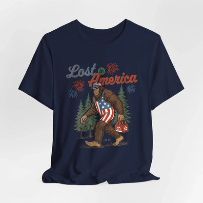 Lost in America Bigfoot Tee, Casual Summer Shirt, Outdoor Adventure Tee, Fun Gift for Nature Lovers, Festival Outfit, Patriotic Apparel - SKULLFURY MERCH