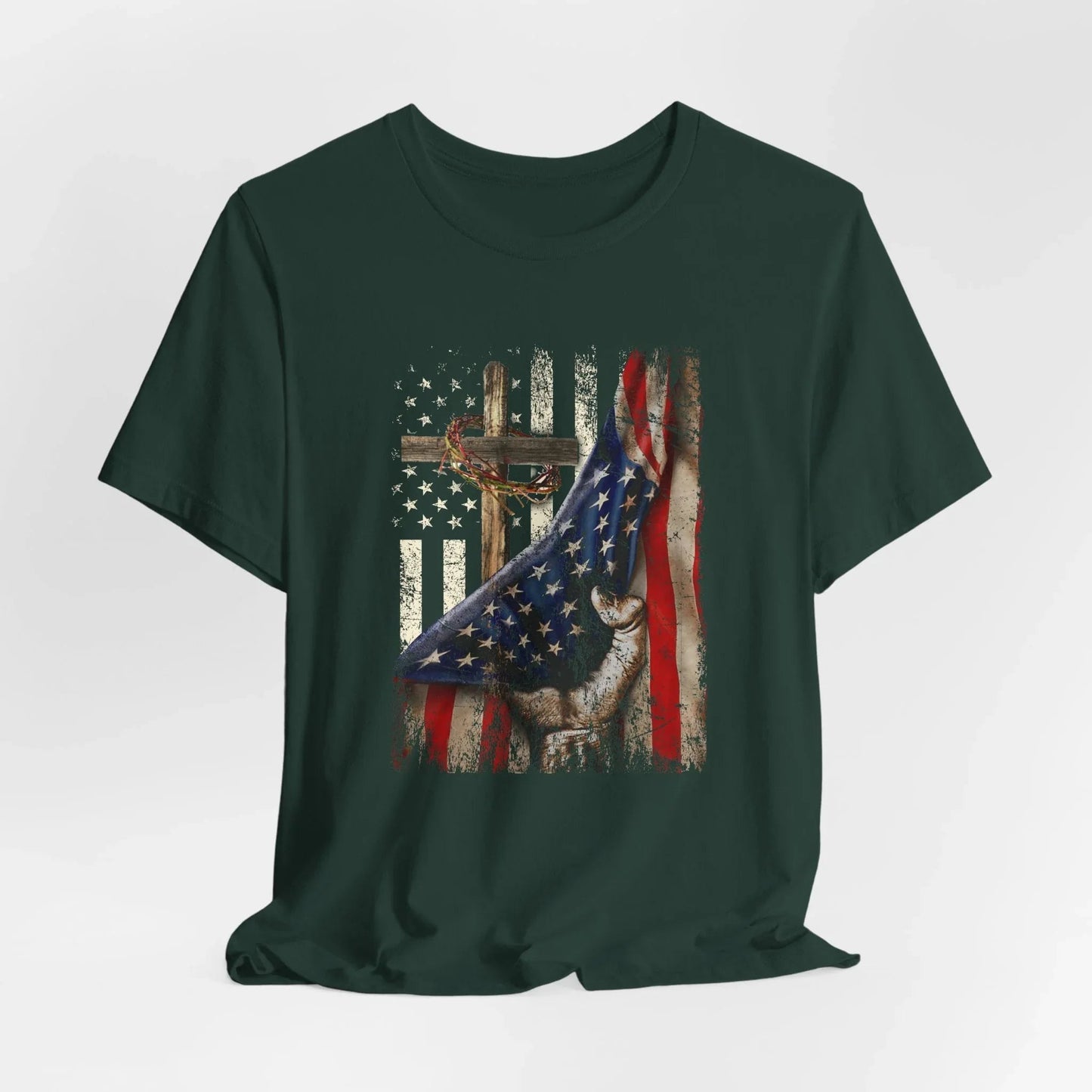 Patriotic Flag & Cross Unisex T-Shirt, Faith Tee, American Flag Shirt, USA Pride Top, Patriotic Graphic Tee - SKULLFURY MERCH