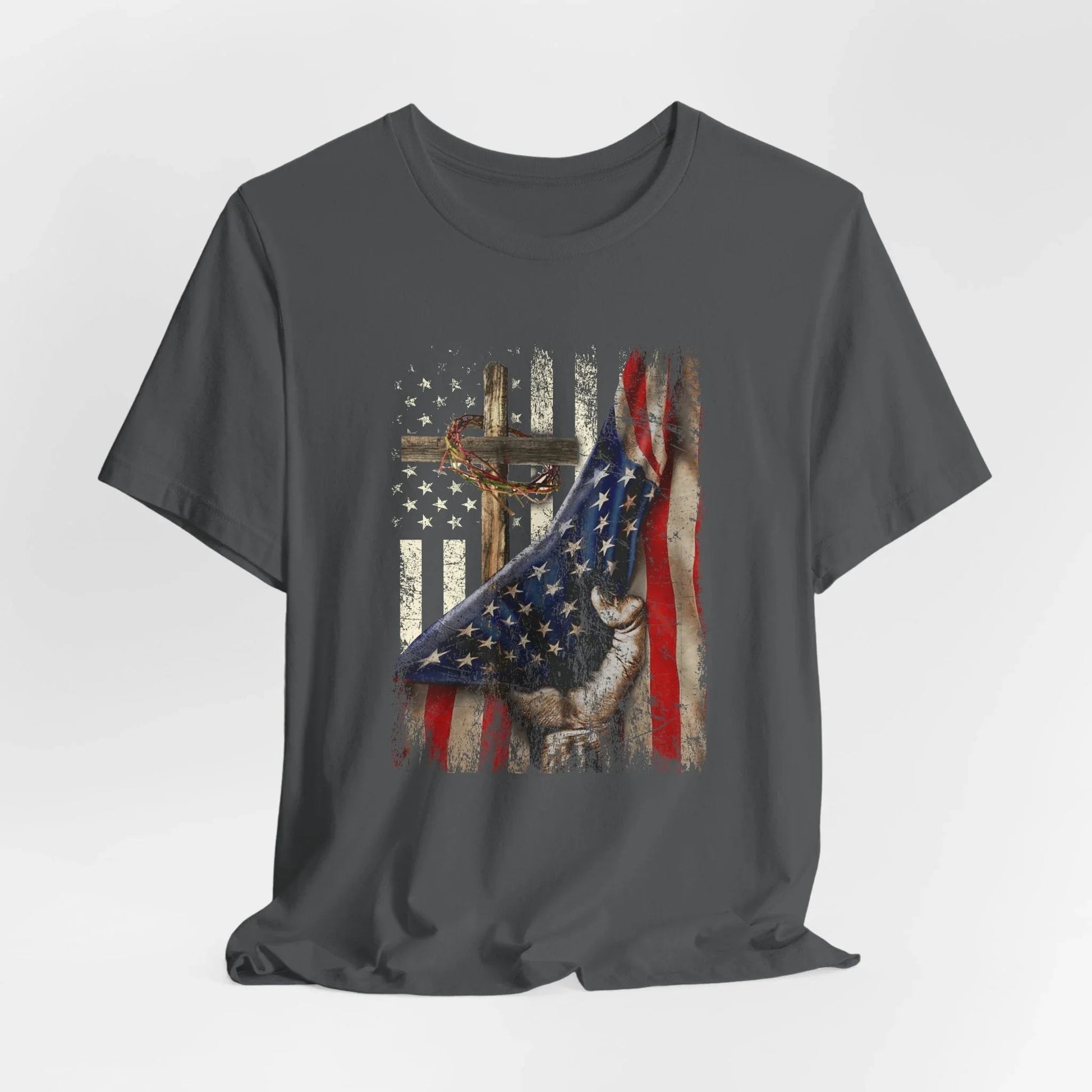 Patriotic Flag & Cross Unisex T-Shirt, Faith Tee, American Flag Shirt, USA Pride Top, Patriotic Graphic Tee - SKULLFURY MERCH