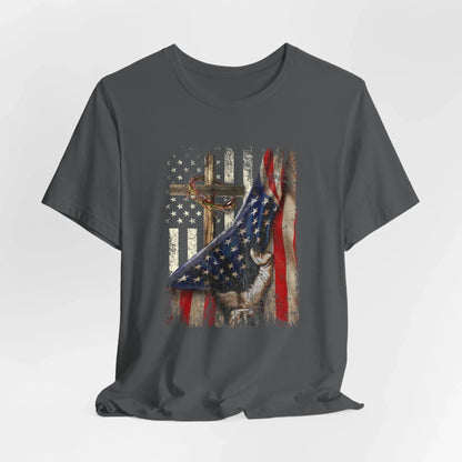 Patriotic Flag & Cross Unisex T-Shirt, Faith Tee, American Flag Shirt, USA Pride Top, Patriotic Graphic Tee - SKULLFURY MERCH