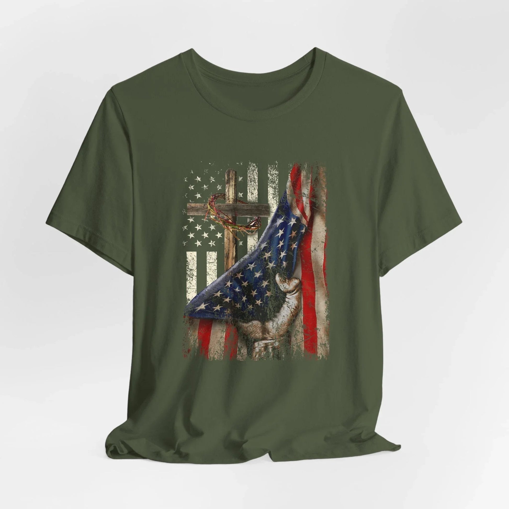 Patriotic Flag & Cross Unisex T-Shirt, Faith Tee, American Flag Shirt, USA Pride Top, Patriotic Graphic Tee - SKULLFURY MERCH