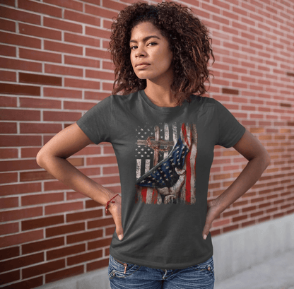 Patriotic Flag & Cross Unisex T-Shirt, Faith Tee, American Flag Shirt, USA Pride Top, Patriotic Graphic Tee - SKULLFURY MERCH