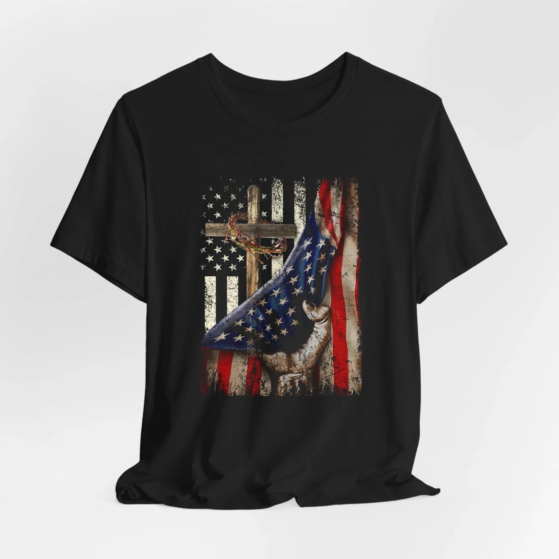 Patriotic Flag & Cross Unisex T-Shirt, Faith Tee, American Flag Shirt, USA Pride Top, Patriotic Graphic Tee - SKULLFURY MERCH