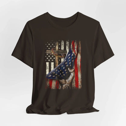 Patriotic Flag & Cross Unisex T-Shirt, Faith Tee, American Flag Shirt, USA Pride Top, Patriotic Graphic Tee - SKULLFURY MERCH
