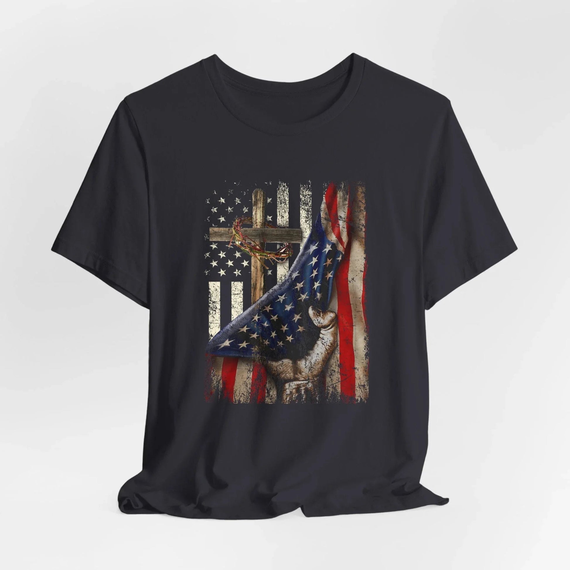 Patriotic Flag & Cross Unisex T-Shirt, Faith Tee, American Flag Shirt, USA Pride Top, Patriotic Graphic Tee - SKULLFURY MERCH