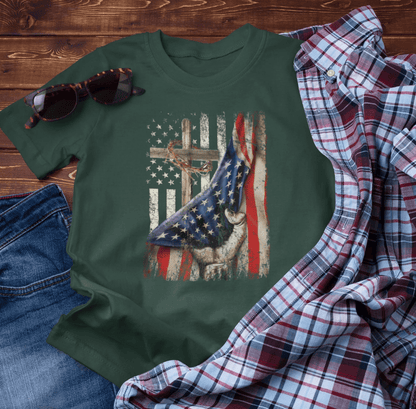 Patriotic Flag & Cross Unisex T-Shirt, Faith Tee, American Flag Shirt, USA Pride Top, Patriotic Graphic Tee - SKULLFURY MERCH