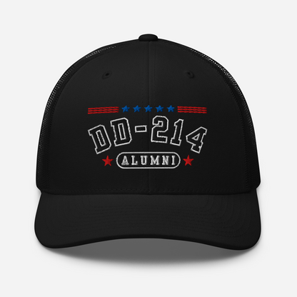 DD-214 Alumni Snapback Trucker Cap - Black Embroidery, Celebrate Your Military Journey!