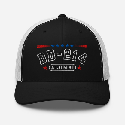 DD-214 Alumni Snapback Trucker Cap - Black Embroidery, Celebrate Your Military Journey!