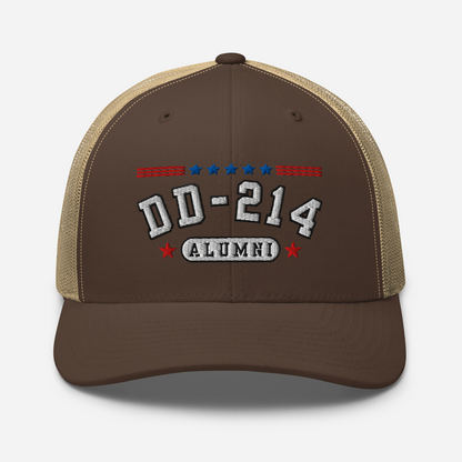 DD-214 Alumni Snapback Trucker Cap - White Embroidery, Celebrate Your Military Journey!