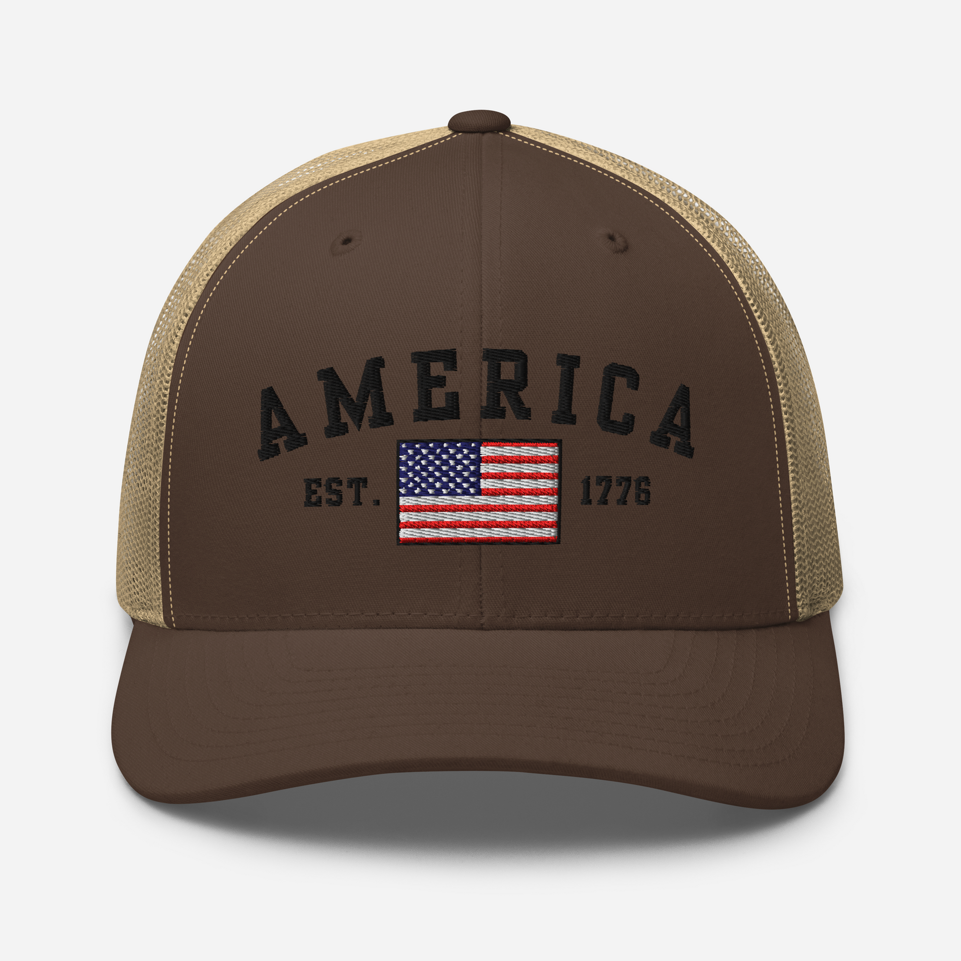America Est. 1776 Trucker Hat – Black Embroidery, Patriotic Cap for Proud Americans, Perfect Gift for Freedom Lovers