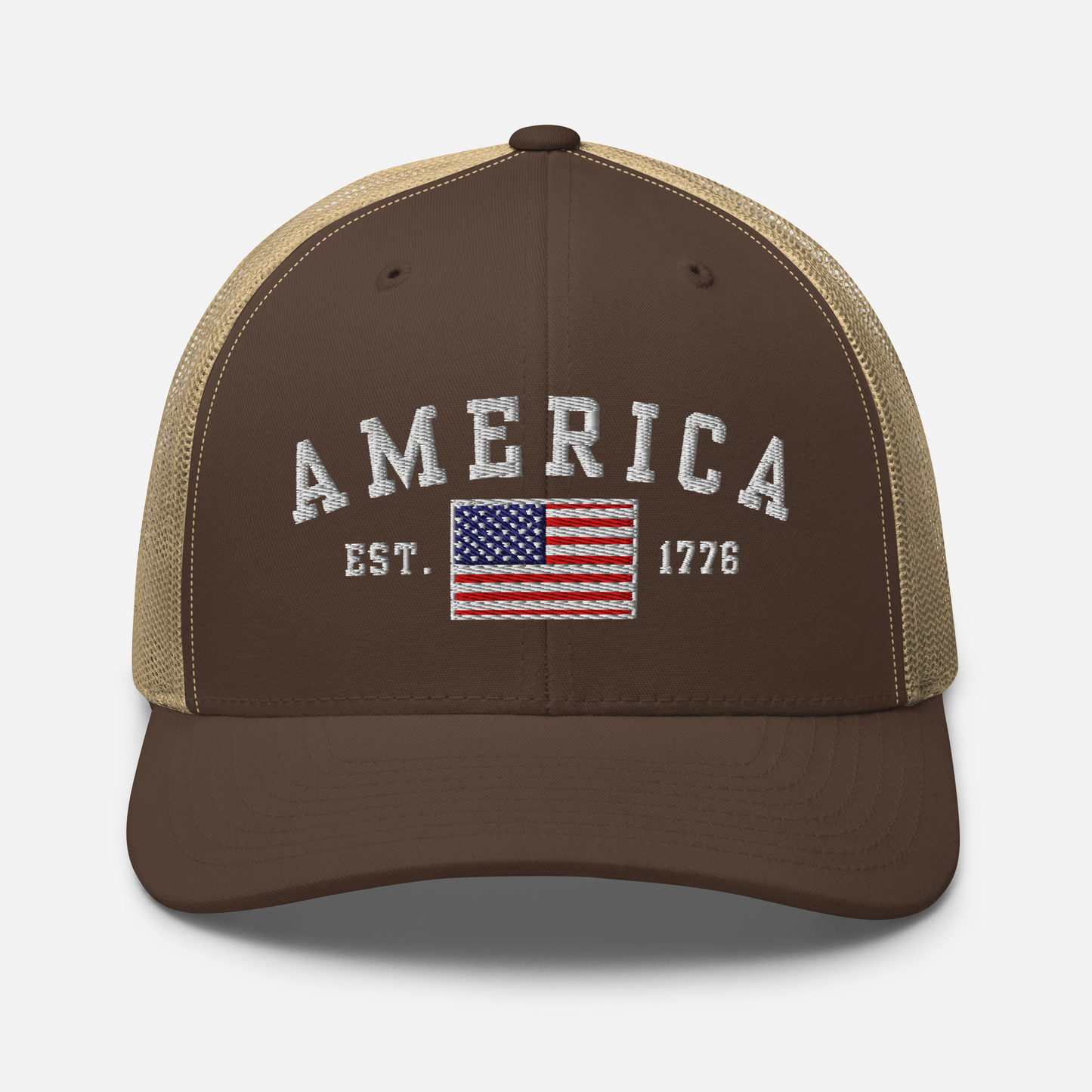 America Est. 1776 Trucker Hat – White Embroidery, Patriotic Cap for Proud Americans, Perfect Gift for Freedom Lovers