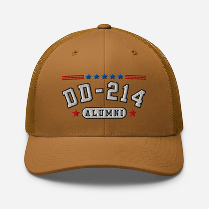DD-214 Alumni Snapback Trucker Cap - White Embroidery, Celebrate Your Military Journey!
