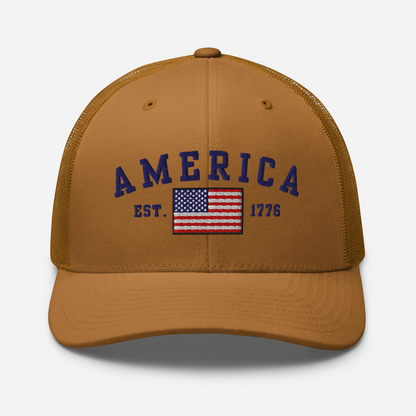 America Est. 1776 Trucker Hat – Blue Embroidery, Patriotic Cap for Proud Americans, Perfect Gift for Freedom Lovers