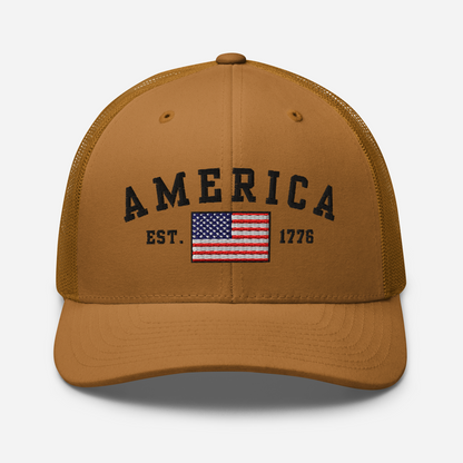 America Est. 1776 Trucker Hat – Black Embroidery, Patriotic Cap for Proud Americans, Perfect Gift for Freedom Lovers
