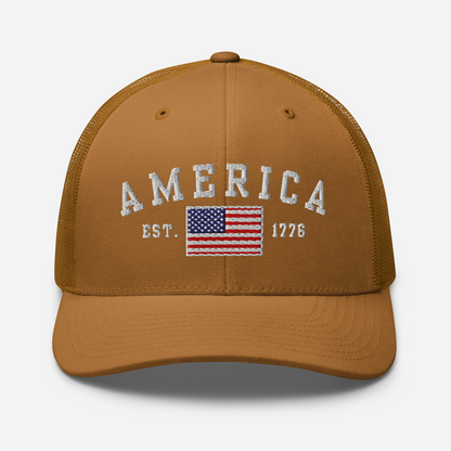 America Est. 1776 Trucker Hat – White Embroidery, Patriotic Cap for Proud Americans, Perfect Gift for Freedom Lovers