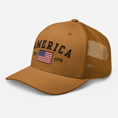 America Est. 1776 Trucker Hat – Black Embroidery, Patriotic Cap for Proud Americans, Perfect Gift for Freedom Lovers