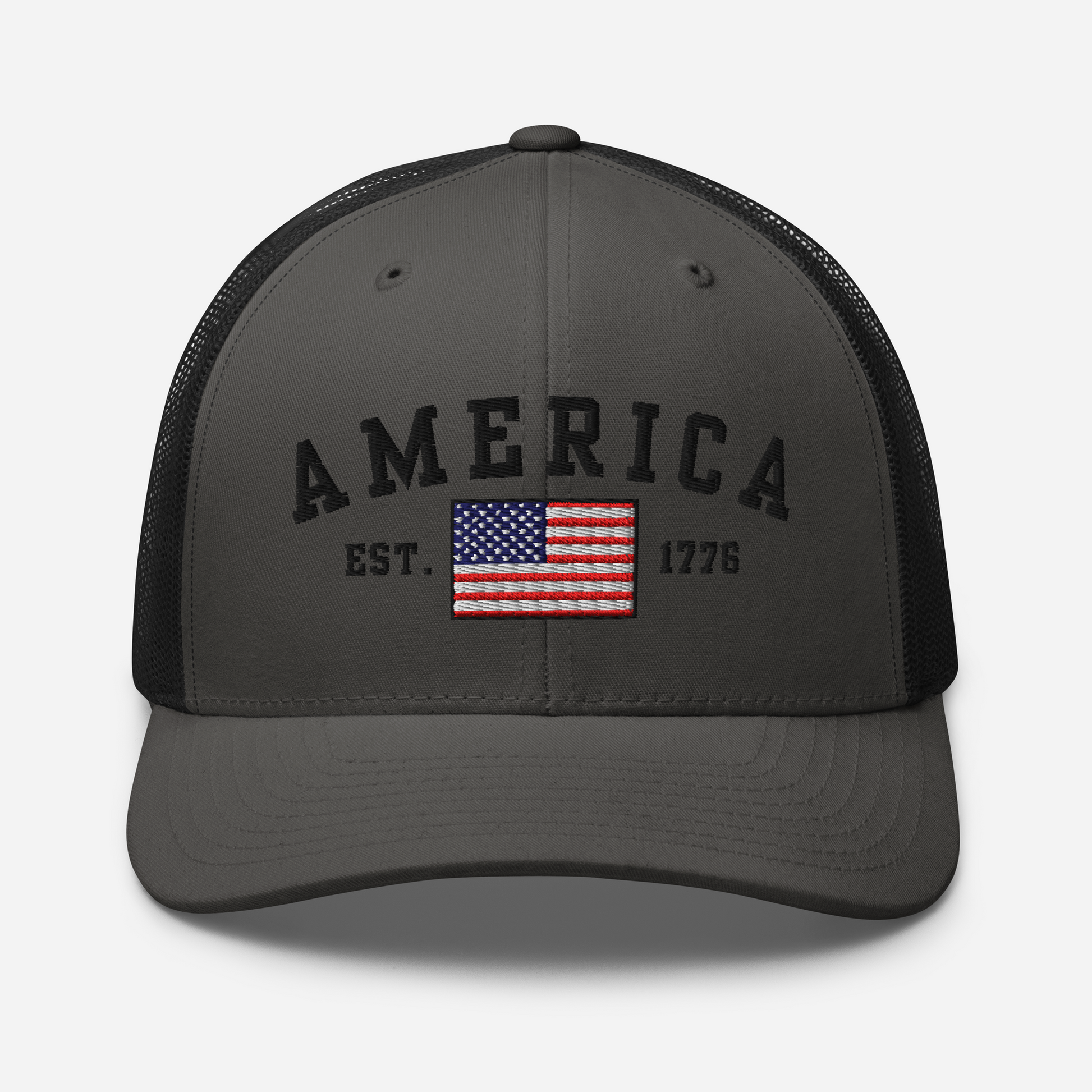 America Est. 1776 Trucker Hat – Black Embroidery, Patriotic Cap for Proud Americans, Perfect Gift for Freedom Lovers