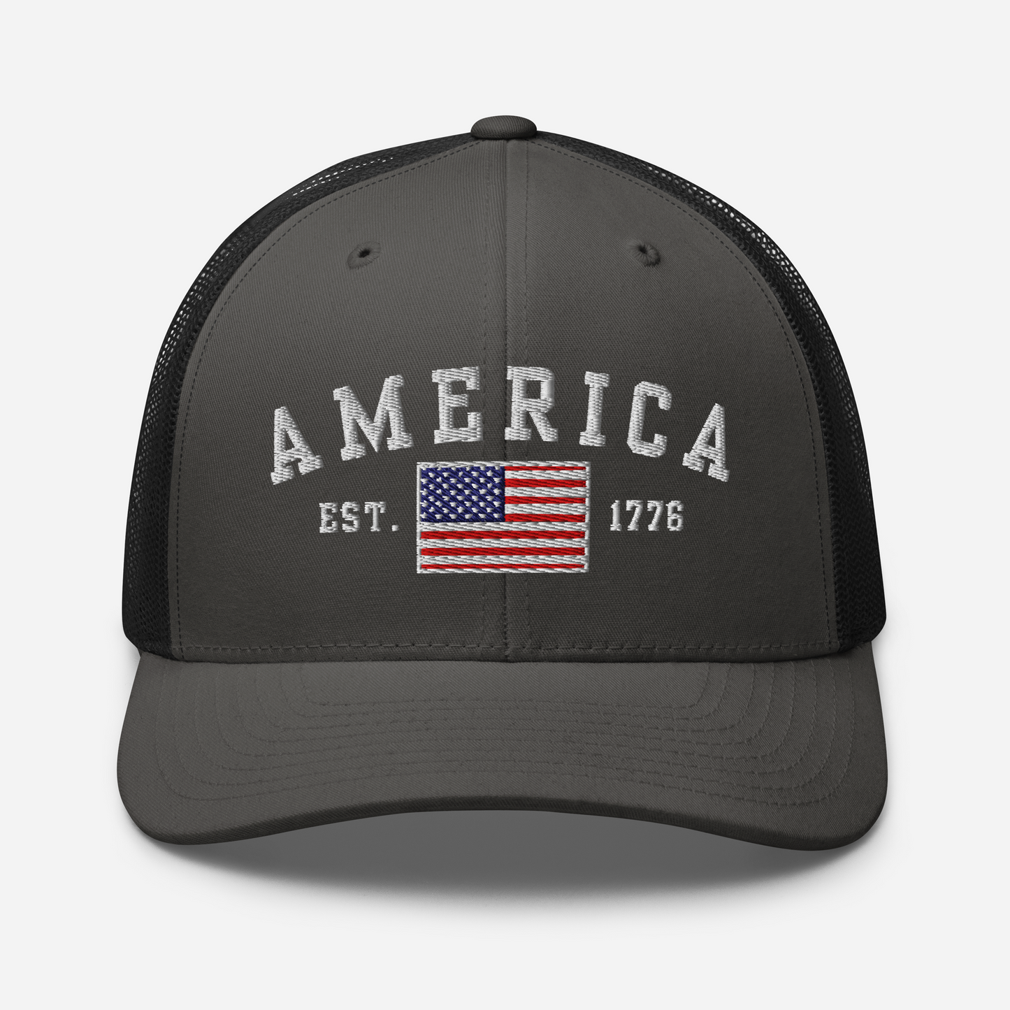 America Est. 1776 Trucker Hat – White Embroidery, Patriotic Cap for Proud Americans, Perfect Gift for Freedom Lovers