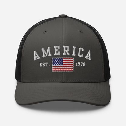 America Est. 1776 Trucker Hat – White Embroidery, Patriotic Cap for Proud Americans, Perfect Gift for Freedom Lovers