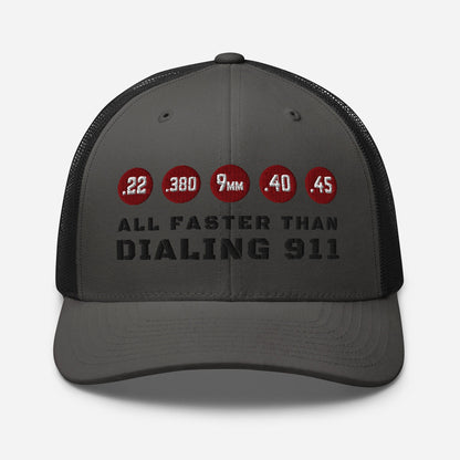 Humorous Snapback Trucker Cap - "All Faster Than Dialing 911"