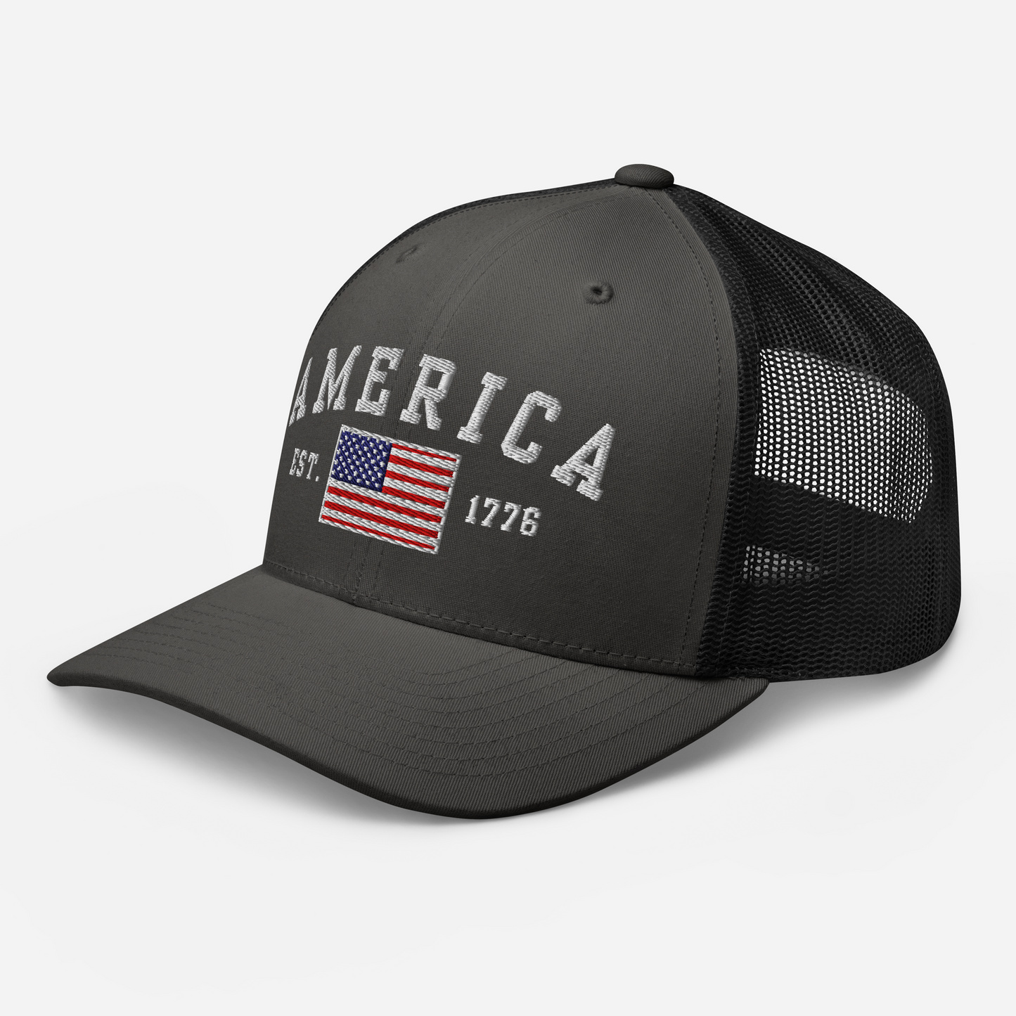 America Est. 1776 Trucker Hat – White Embroidery, Patriotic Cap for Proud Americans, Perfect Gift for Freedom Lovers
