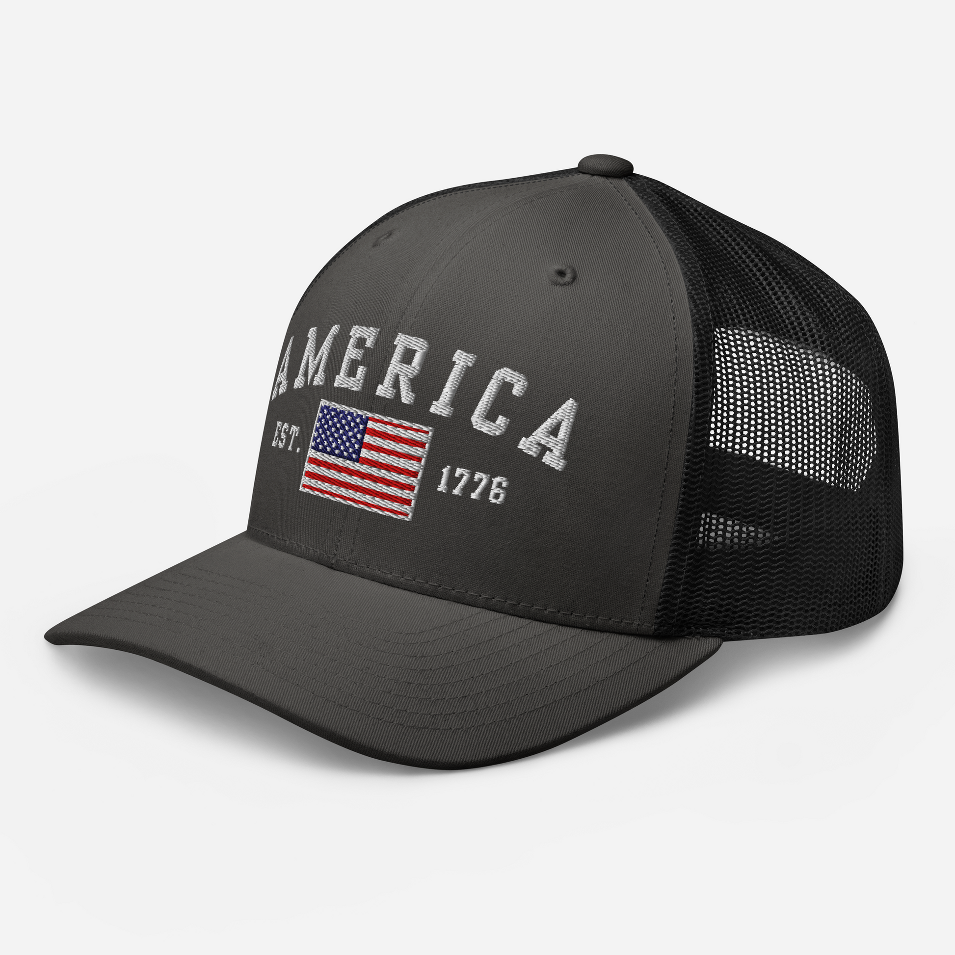 America Est. 1776 Trucker Hat – White Embroidery, Patriotic Cap for Proud Americans, Perfect Gift for Freedom Lovers