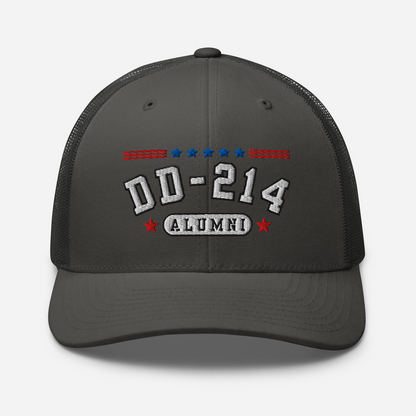 DD-214 Alumni Snapback Trucker Cap - White Embroidery, Celebrate Your Military Journey!