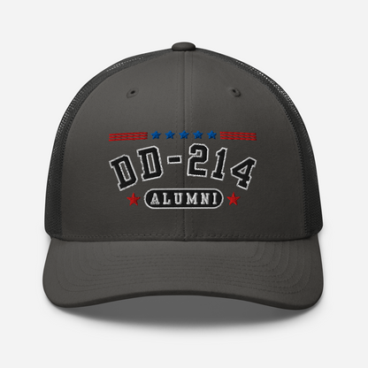 DD-214 Alumni Snapback Trucker Cap - Black Embroidery, Celebrate Your Military Journey!