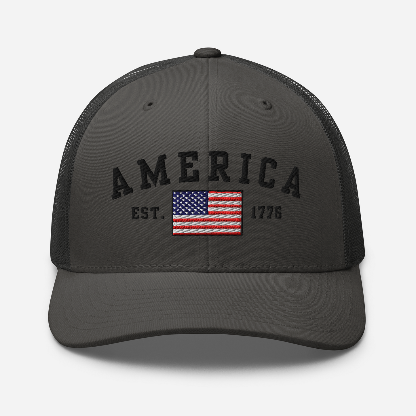 America Est. 1776 Trucker Hat – Black Embroidery, Patriotic Cap for Proud Americans, Perfect Gift for Freedom Lovers