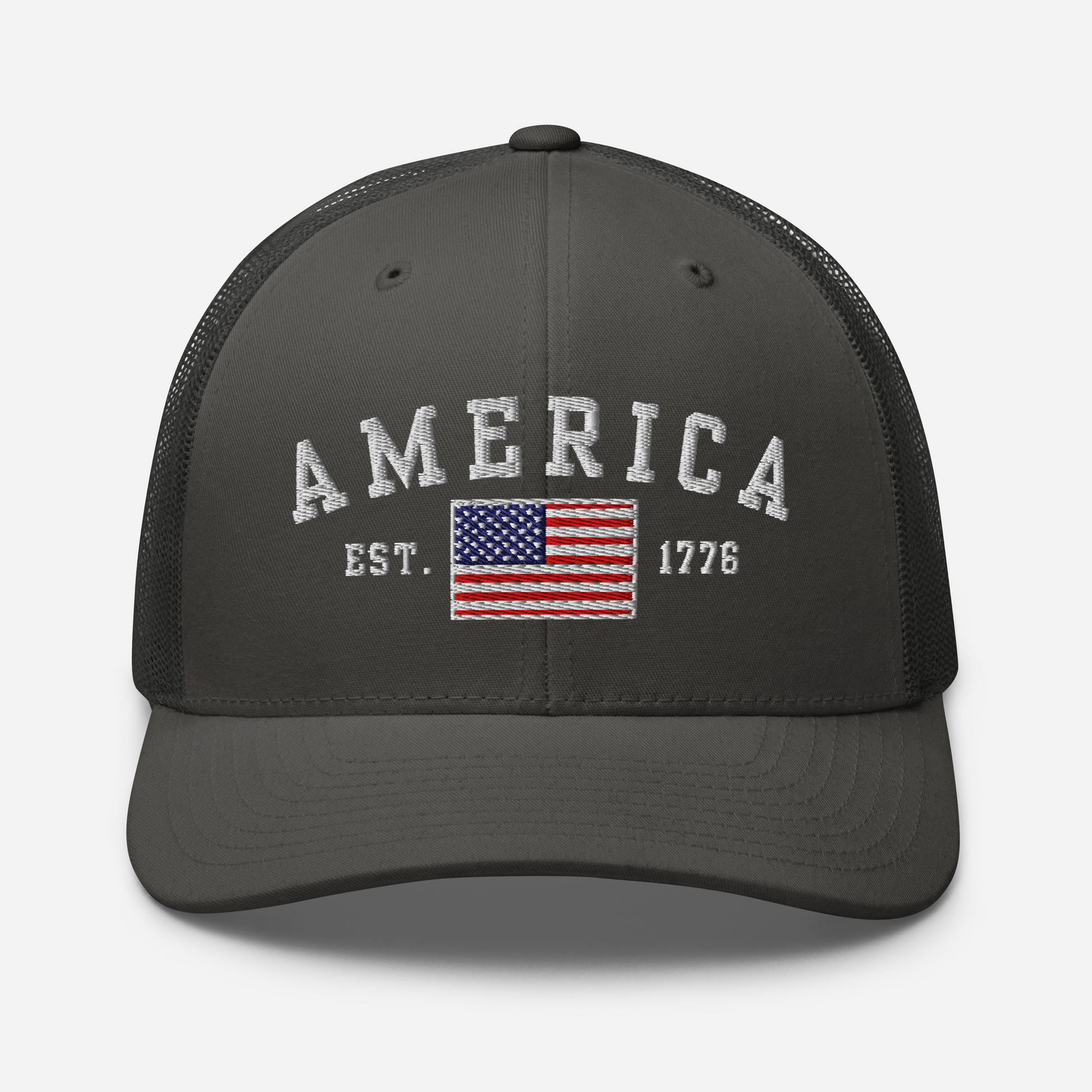 America Est. 1776 Trucker Hat – White Embroidery, Patriotic Cap for Proud Americans, Perfect Gift for Freedom Lovers
