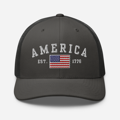 America Est. 1776 Trucker Hat – White Embroidery, Patriotic Cap for Proud Americans, Perfect Gift for Freedom Lovers