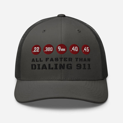 Humorous Snapback Trucker Cap - "All Faster Than Dialing 911"