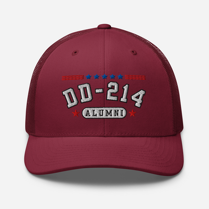 DD-214 Alumni Snapback Trucker Cap - White Embroidery, Celebrate Your Military Journey!