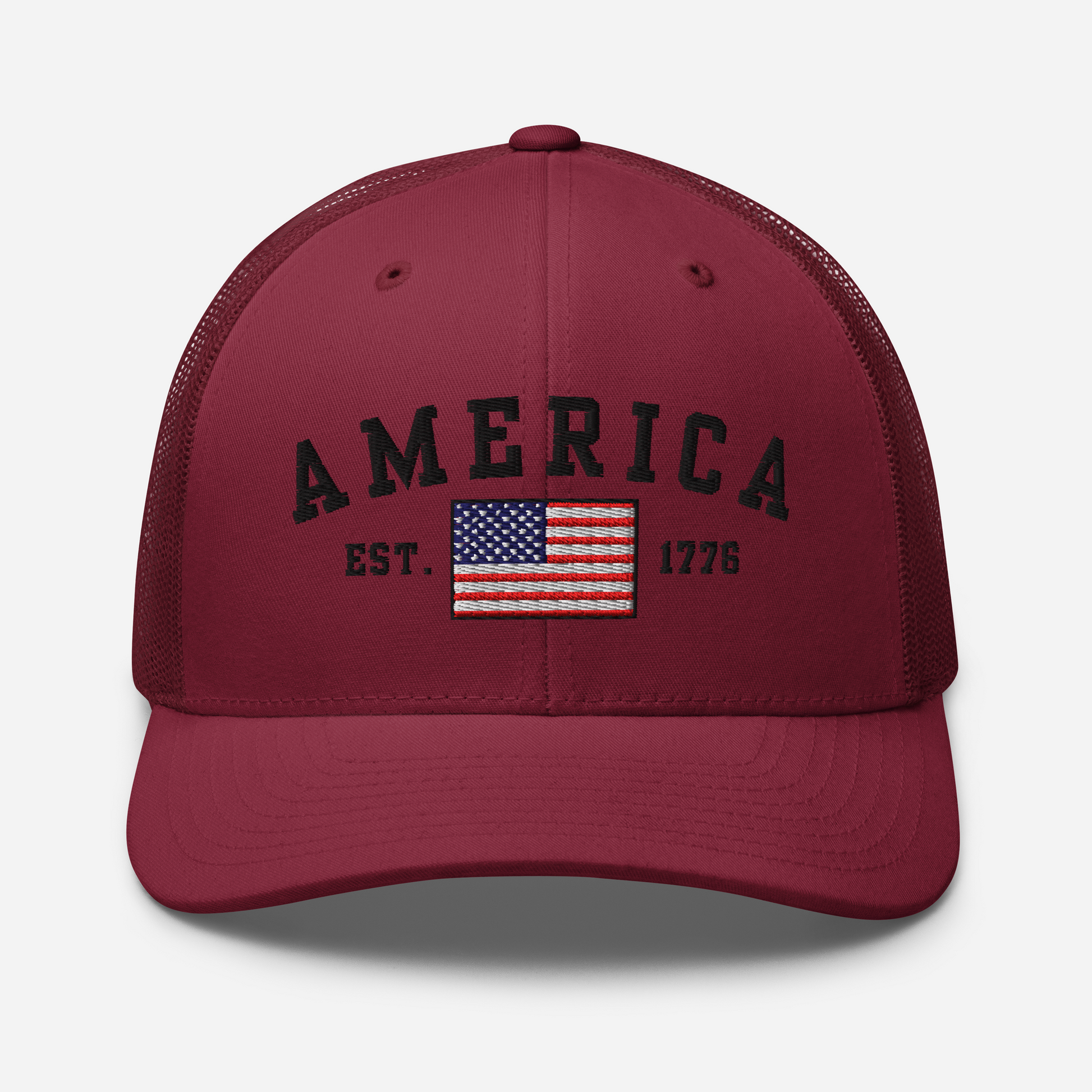 America Est. 1776 Trucker Hat – Black Embroidery, Patriotic Cap for Proud Americans, Perfect Gift for Freedom Lovers