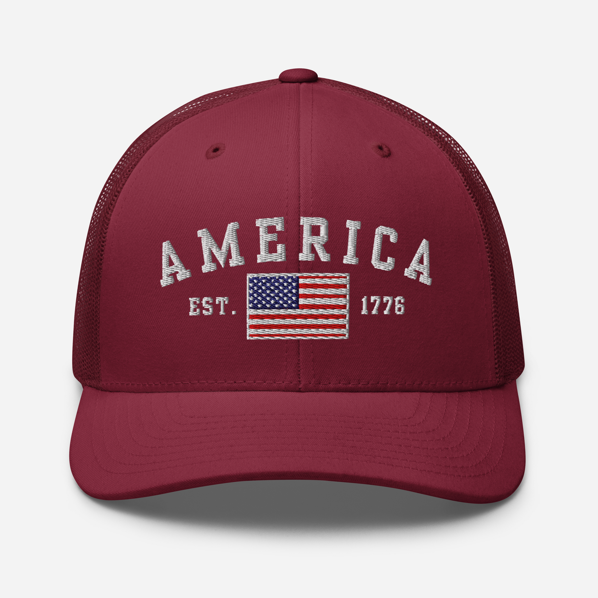 America Est. 1776 Trucker Hat – White Embroidery, Patriotic Cap for Proud Americans, Perfect Gift for Freedom Lovers