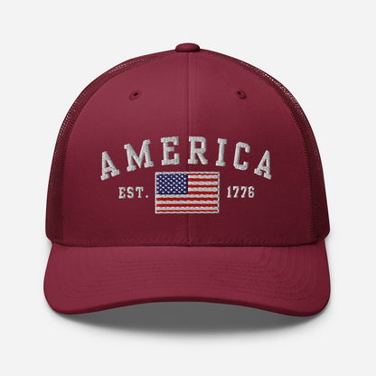 America Est. 1776 Trucker Hat – White Embroidery, Patriotic Cap for Proud Americans, Perfect Gift for Freedom Lovers