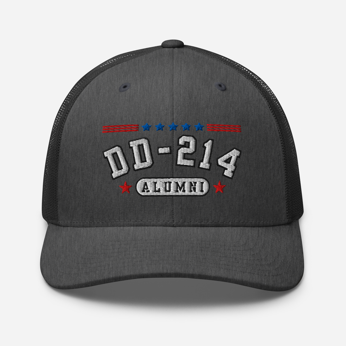 DD-214 Alumni Snapback Trucker Cap - White Embroidery, Celebrate Your Military Journey!