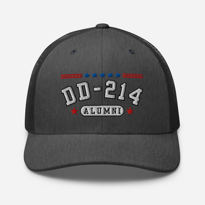 DD-214 Alumni Snapback Trucker Cap - White Embroidery, Celebrate Your Military Journey!