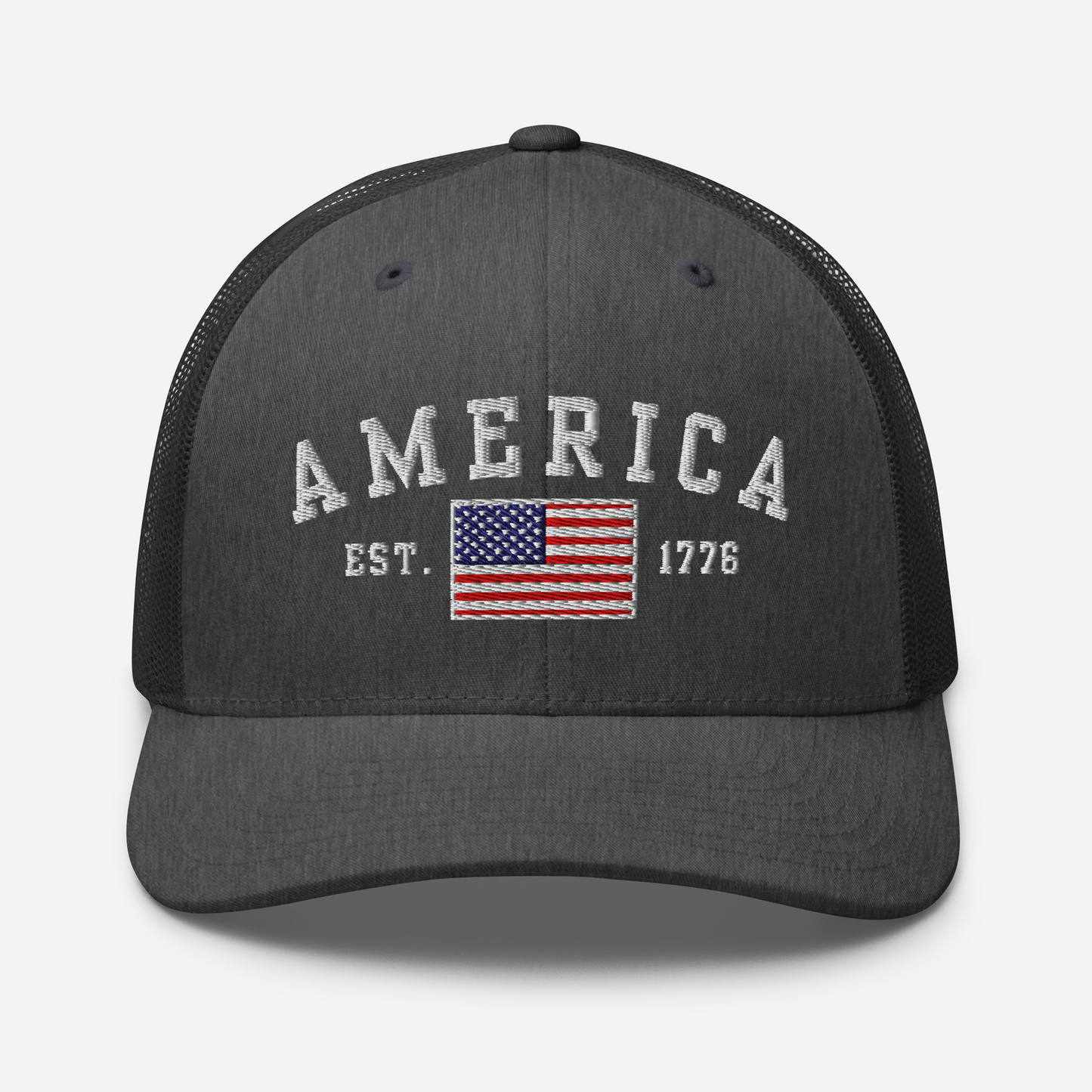 America Est. 1776 Trucker Hat – White Embroidery, Patriotic Cap for Proud Americans, Perfect Gift for Freedom Lovers