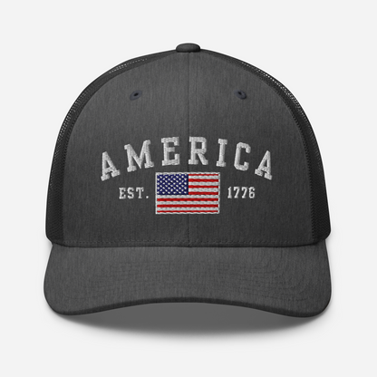 America Est. 1776 Trucker Hat – White Embroidery, Patriotic Cap for Proud Americans, Perfect Gift for Freedom Lovers