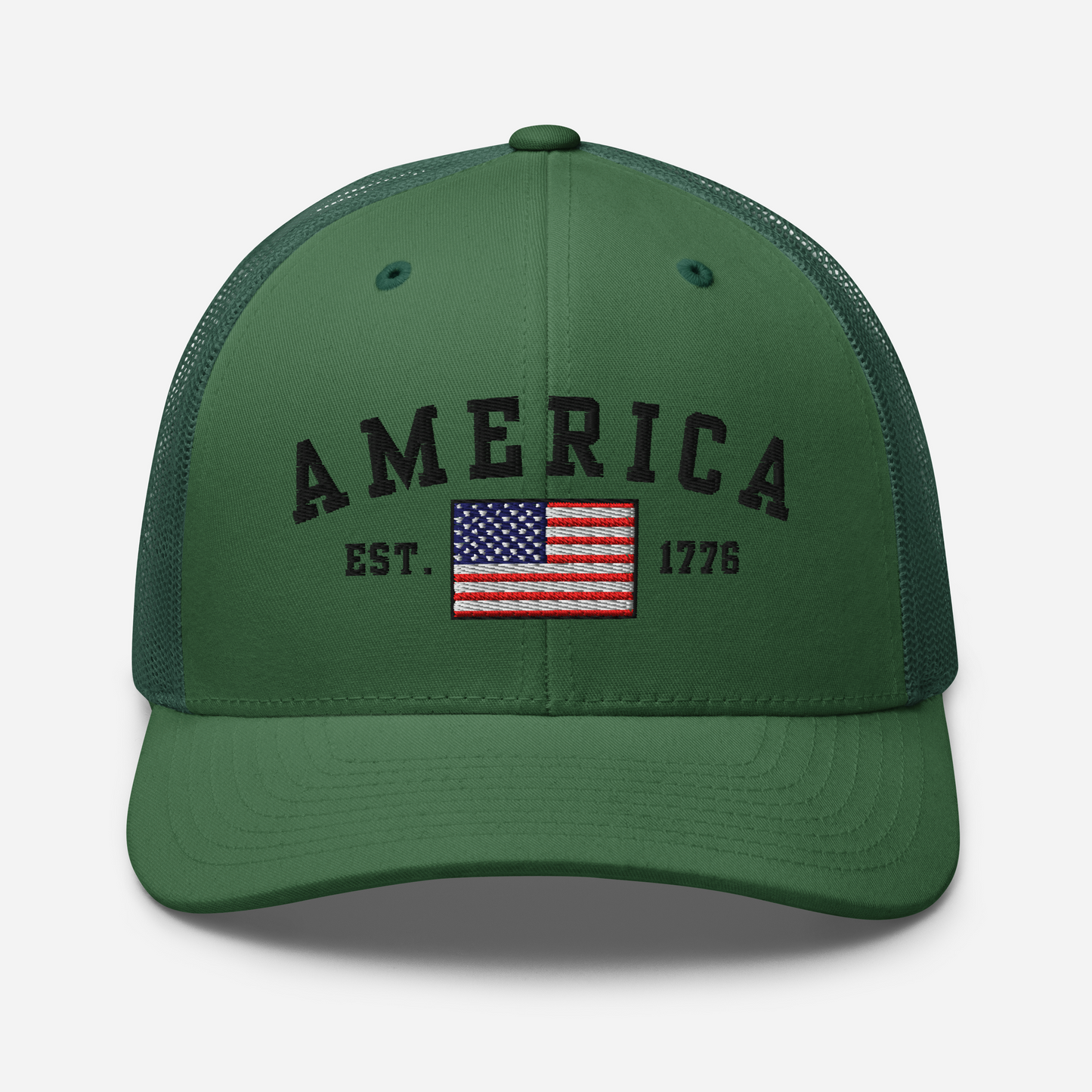 America Est. 1776 Trucker Hat – Black Embroidery, Patriotic Cap for Proud Americans, Perfect Gift for Freedom Lovers