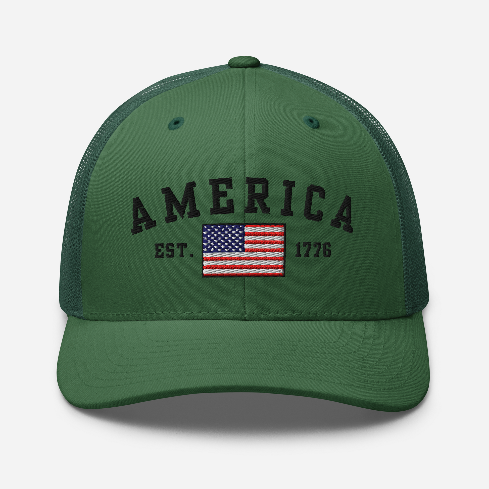 America Est. 1776 Trucker Hat – Black Embroidery, Patriotic Cap for Proud Americans, Perfect Gift for Freedom Lovers