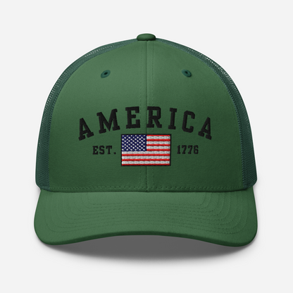 America Est. 1776 Trucker Hat – Black Embroidery, Patriotic Cap for Proud Americans, Perfect Gift for Freedom Lovers