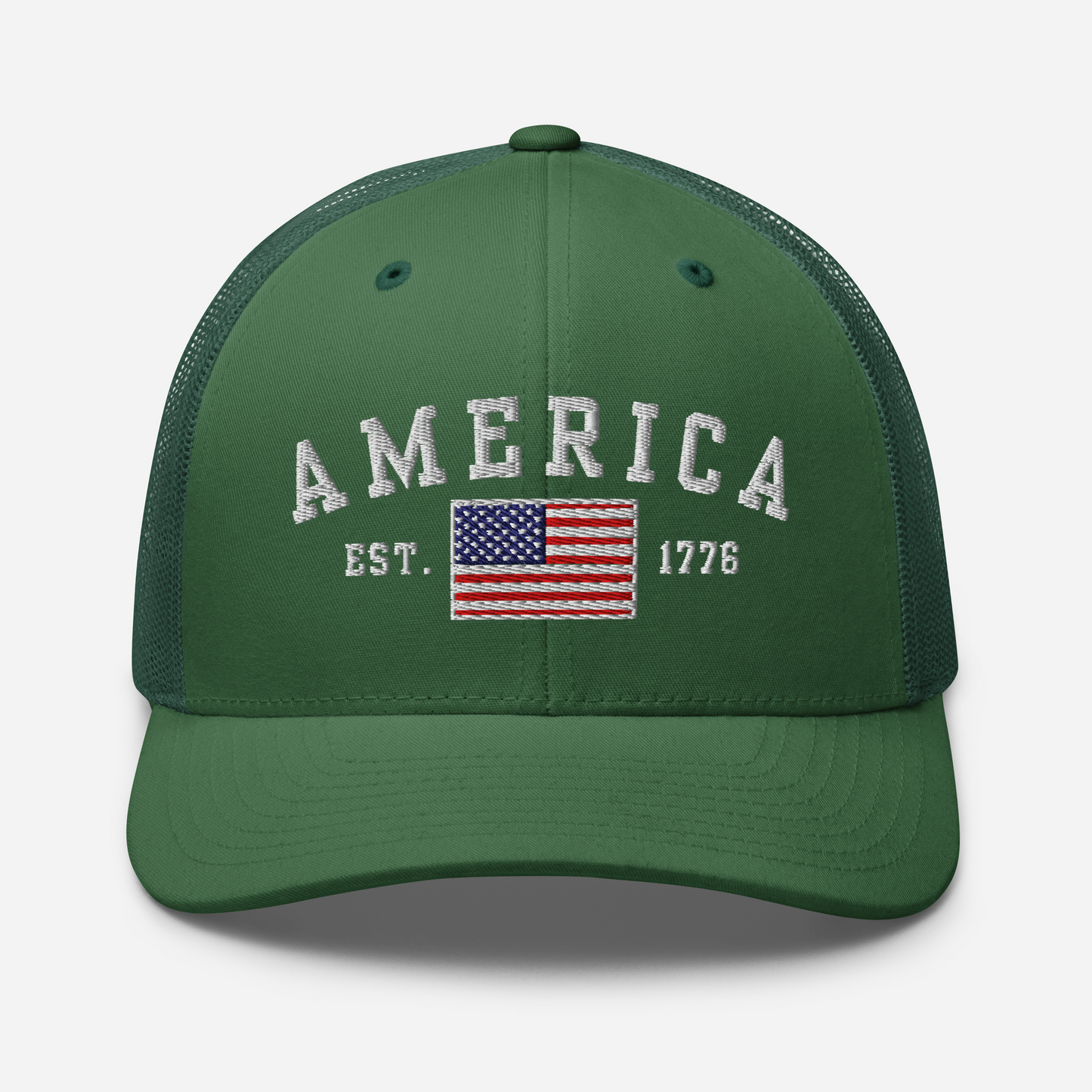 America Est. 1776 Trucker Hat – White Embroidery, Patriotic Cap for Proud Americans, Perfect Gift for Freedom Lovers