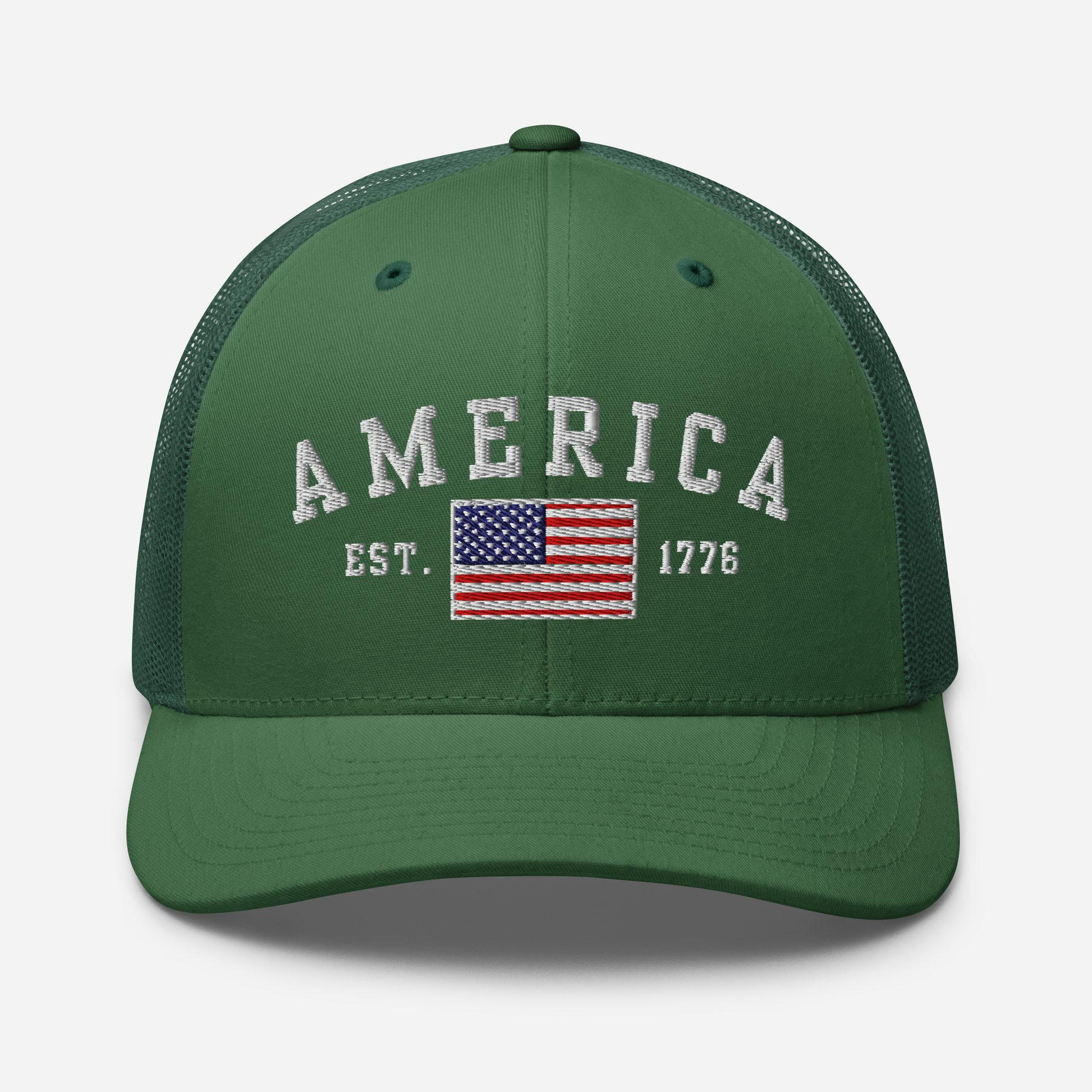 America Est. 1776 Trucker Hat – White Embroidery, Patriotic Cap for Proud Americans, Perfect Gift for Freedom Lovers