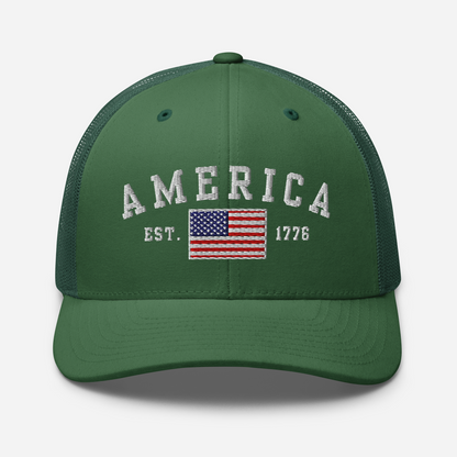 America Est. 1776 Trucker Hat – White Embroidery, Patriotic Cap for Proud Americans, Perfect Gift for Freedom Lovers