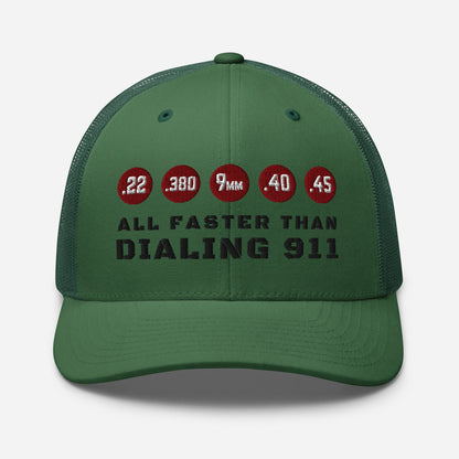 Humorous Snapback Trucker Cap - "All Faster Than Dialing 911"